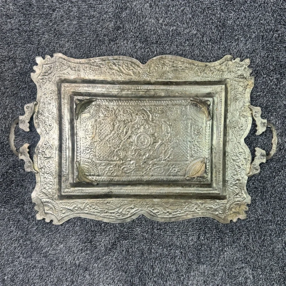 Vintage Ornate Silver Tone Serving Tray Embossed Floral Handles Footed Persian